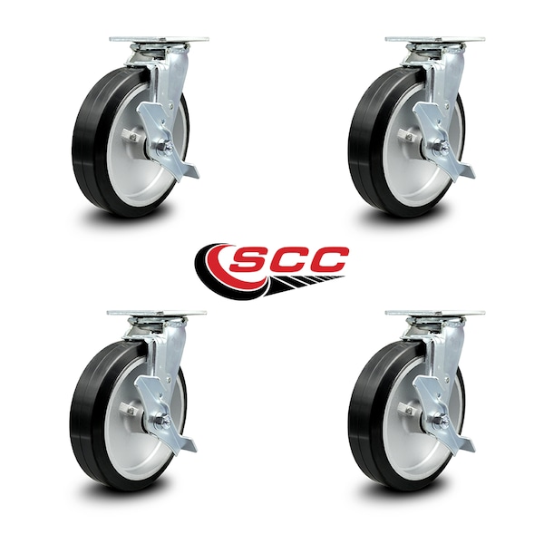 8 Inch Rubber On Aluminum Swivel Caster Set With Ball Bearings And Brakes SCC